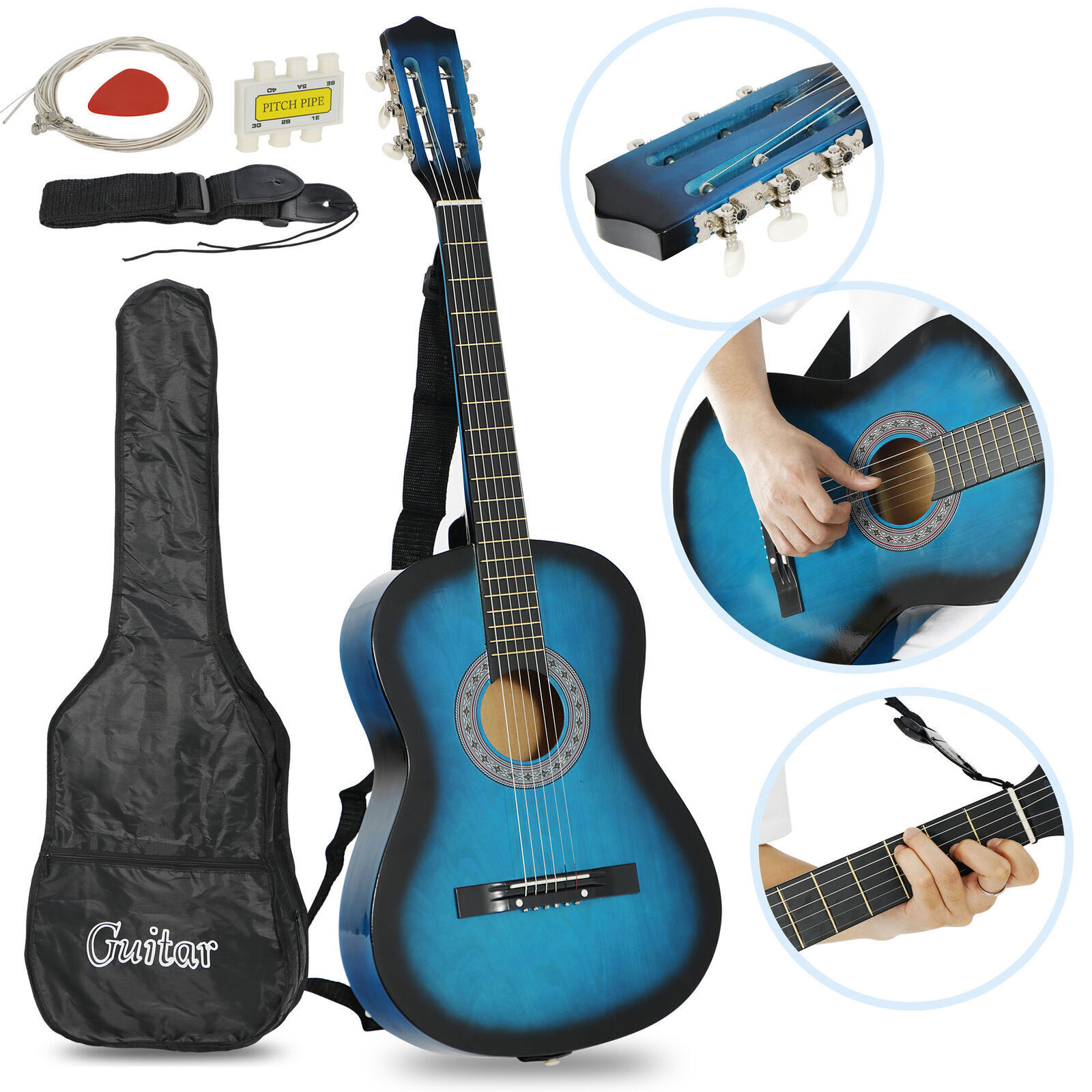 38″ Acoustic Guitar with Bag, Strap, Pick Multi Color Right Hand Beginner Guitar – Blue 2