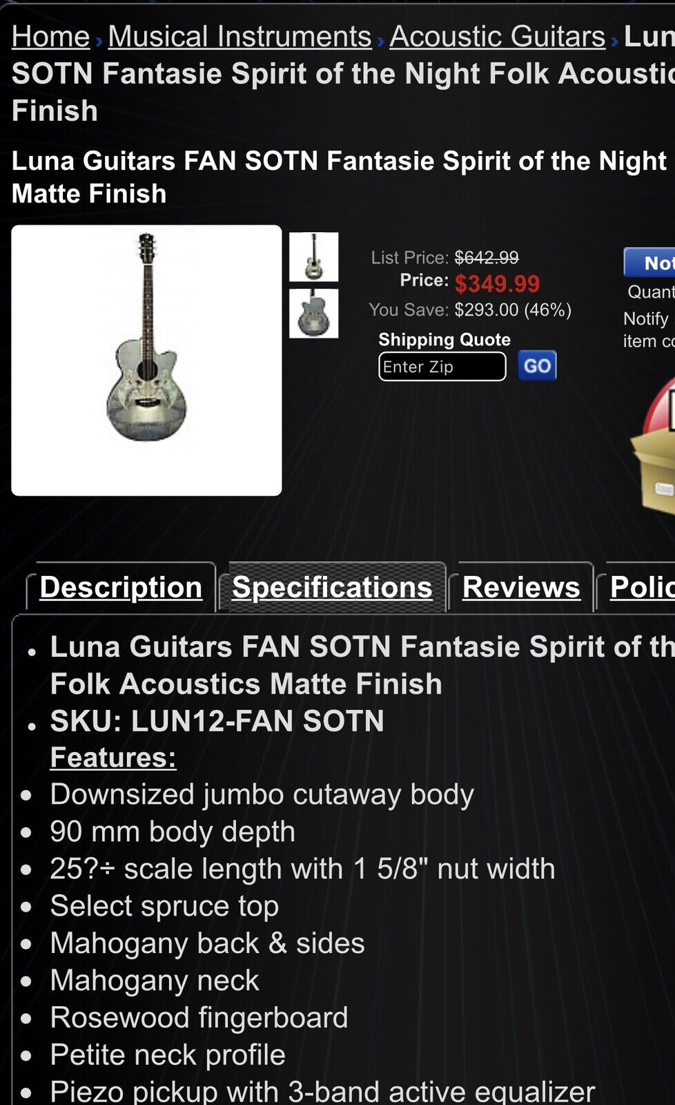 luna guitar acoustic spirits of the night 4