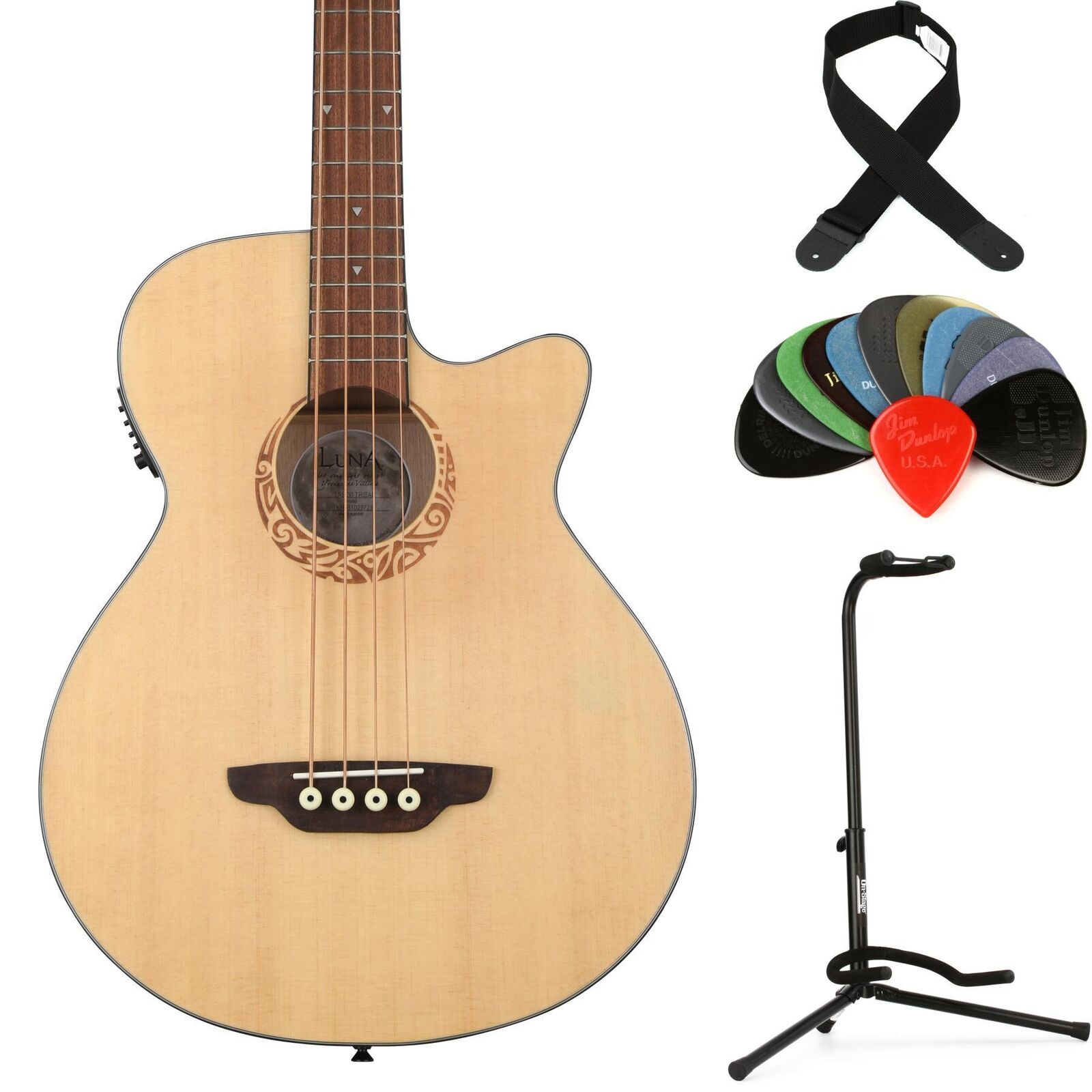 Luna Tribal 30″ Scale Acoustic Bass Guitar Essentials Bundle – Satin Natural 1