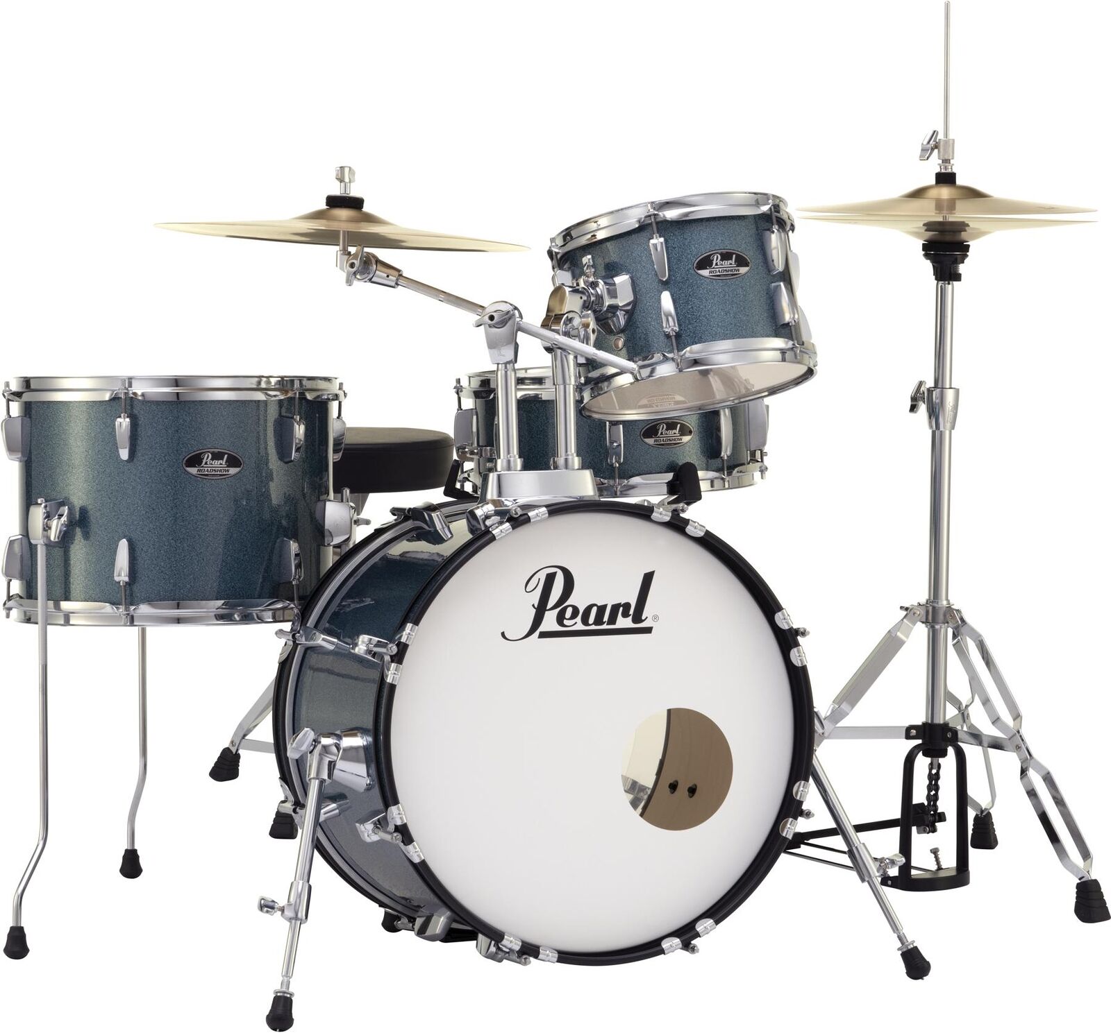 Pearl Roadshow 4-piece Complete Drum Set with Cymbals – Aqua Blue Glitter 1
