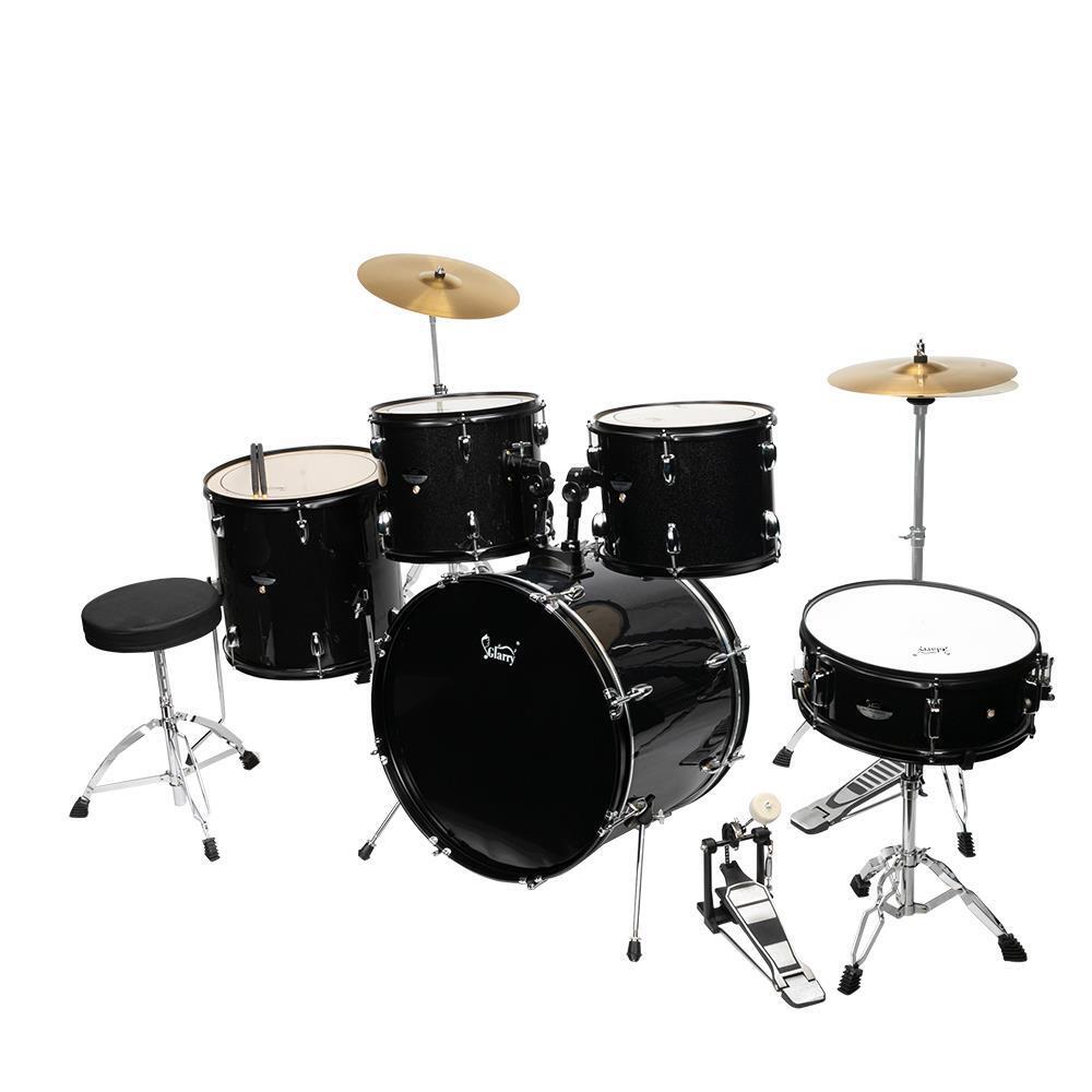 5 Piece Full Size Complete Adult Drum Set Cymbals Kit with Stool & Sticks Black 1