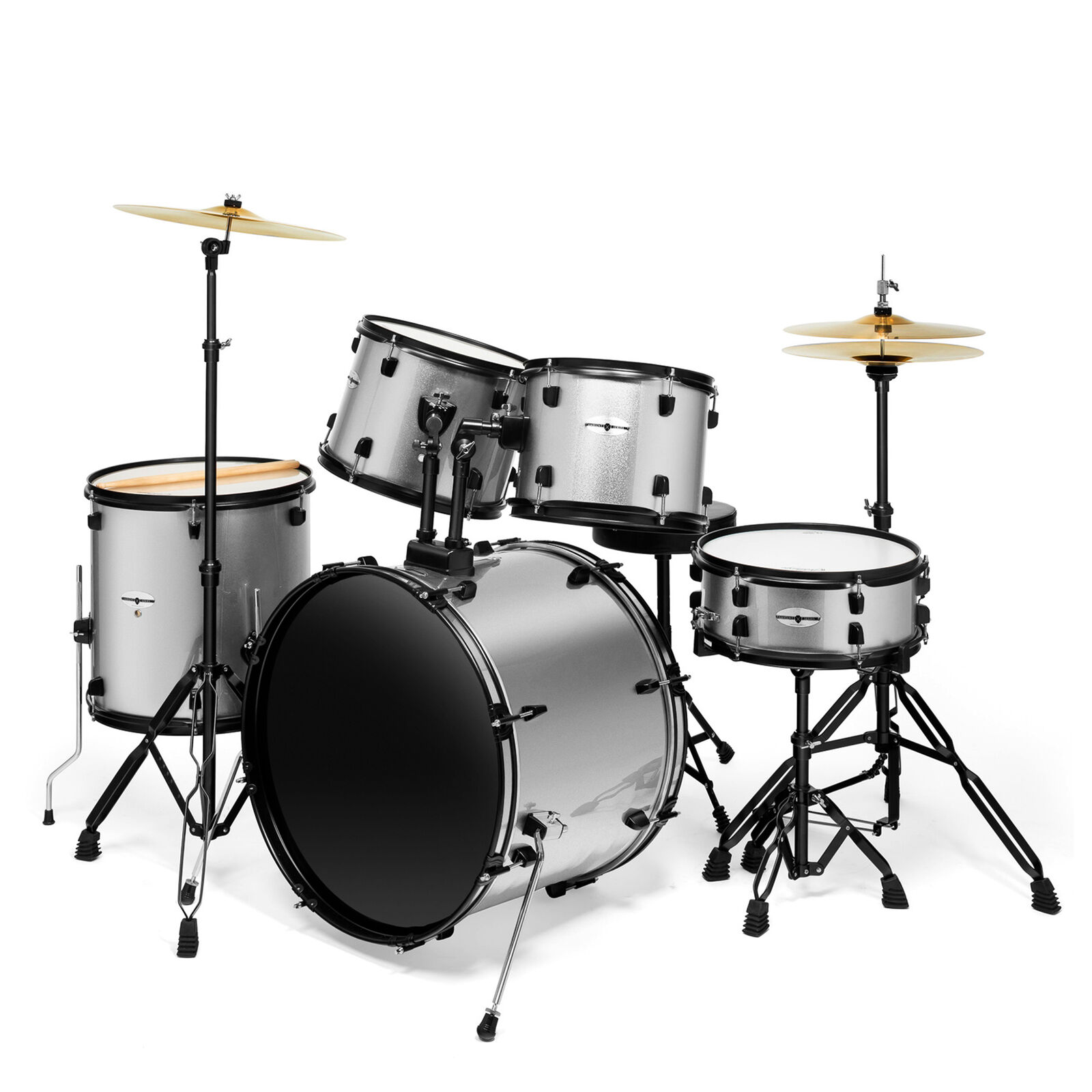 Full Size Pro Adult 5-Piece Drum Set Kit with Genuine Remo Heads – Silver 1