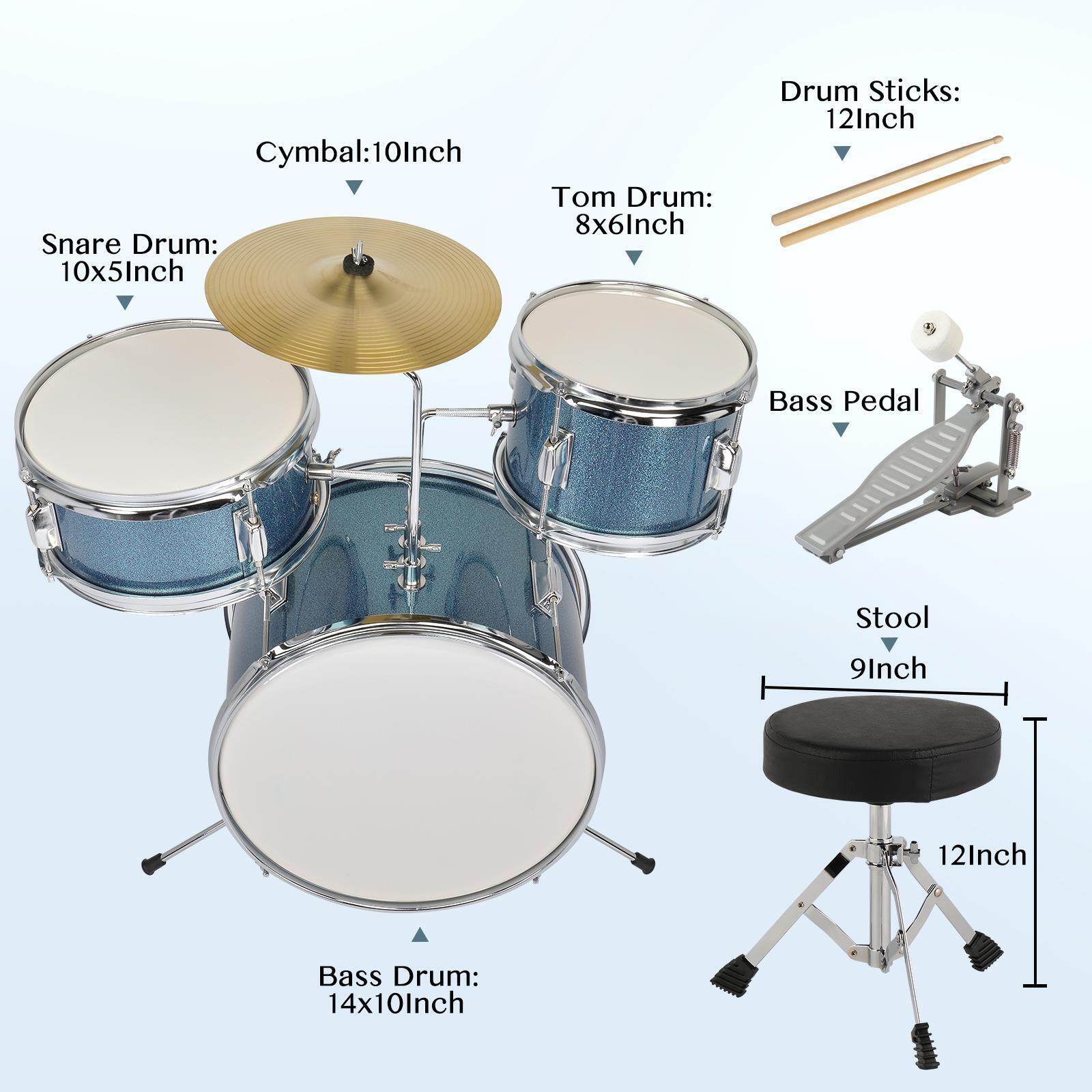 3- 5 Piece Junior Drum Set, Drum Kit with Throne, Cymbal, Drumsticks 2
