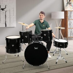 5 Piece Full Size Complete Adult Drum Set Cymbals Kit with Stool & Sticks Black - Image 3
