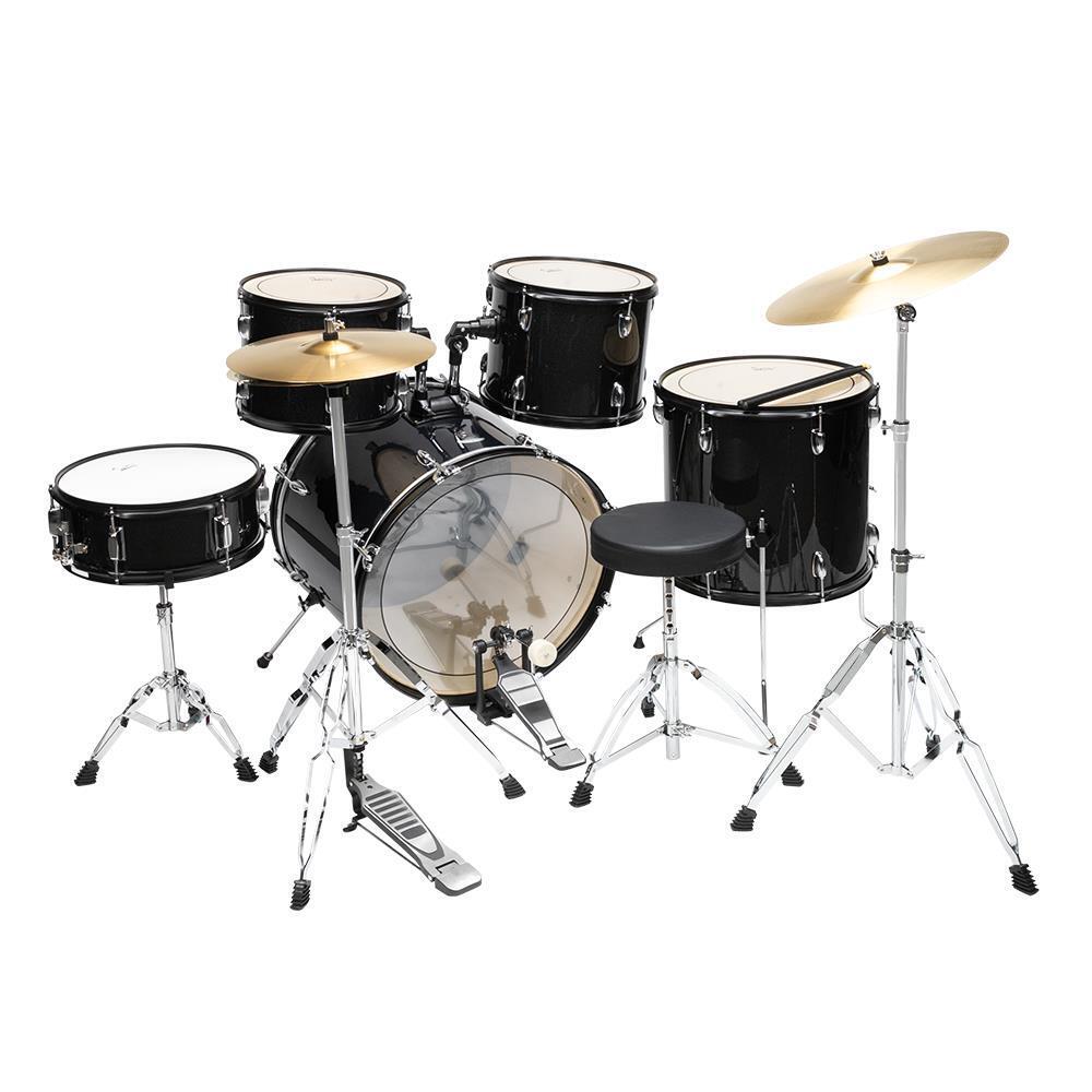5 Piece Full Size Complete Adult Drum Set Cymbals Kit with Stool & Sticks Black 4