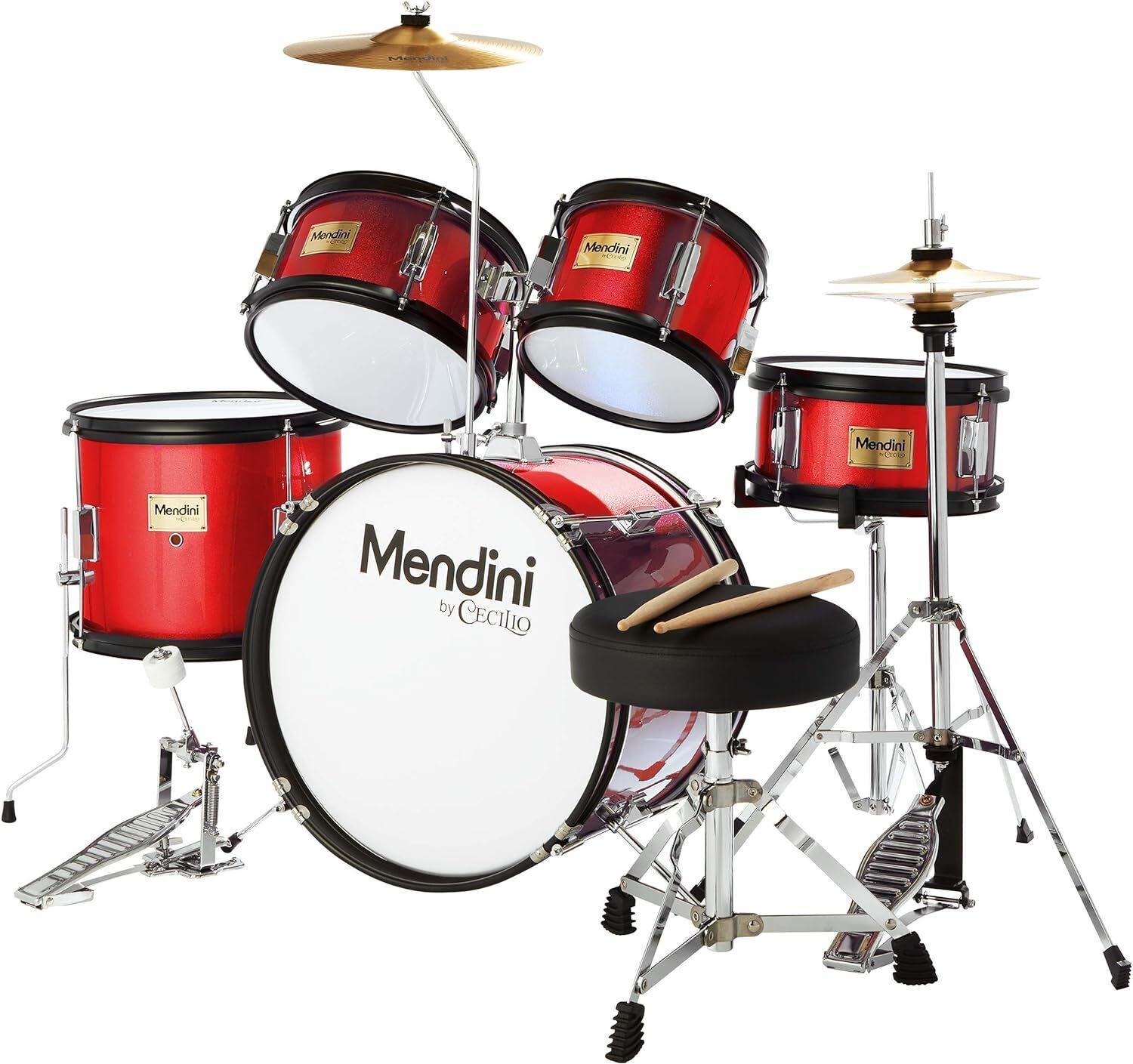 Mendini By Cecilio Kids – Starter Drums Kit w/Bass, Toms, Snare, Red Drum Set 1