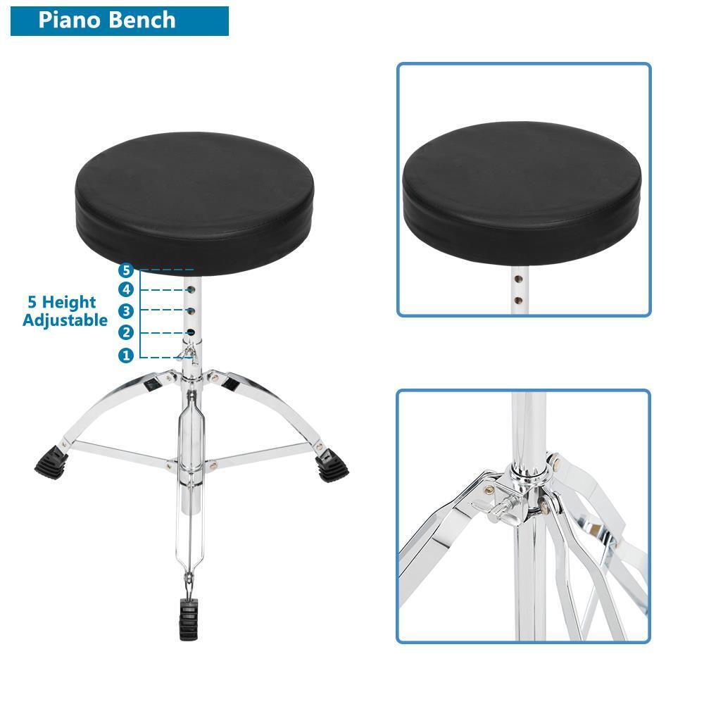 5 Piece Full Size Complete Adult Drum Set Cymbals Kit with Stool & Sticks Black 7