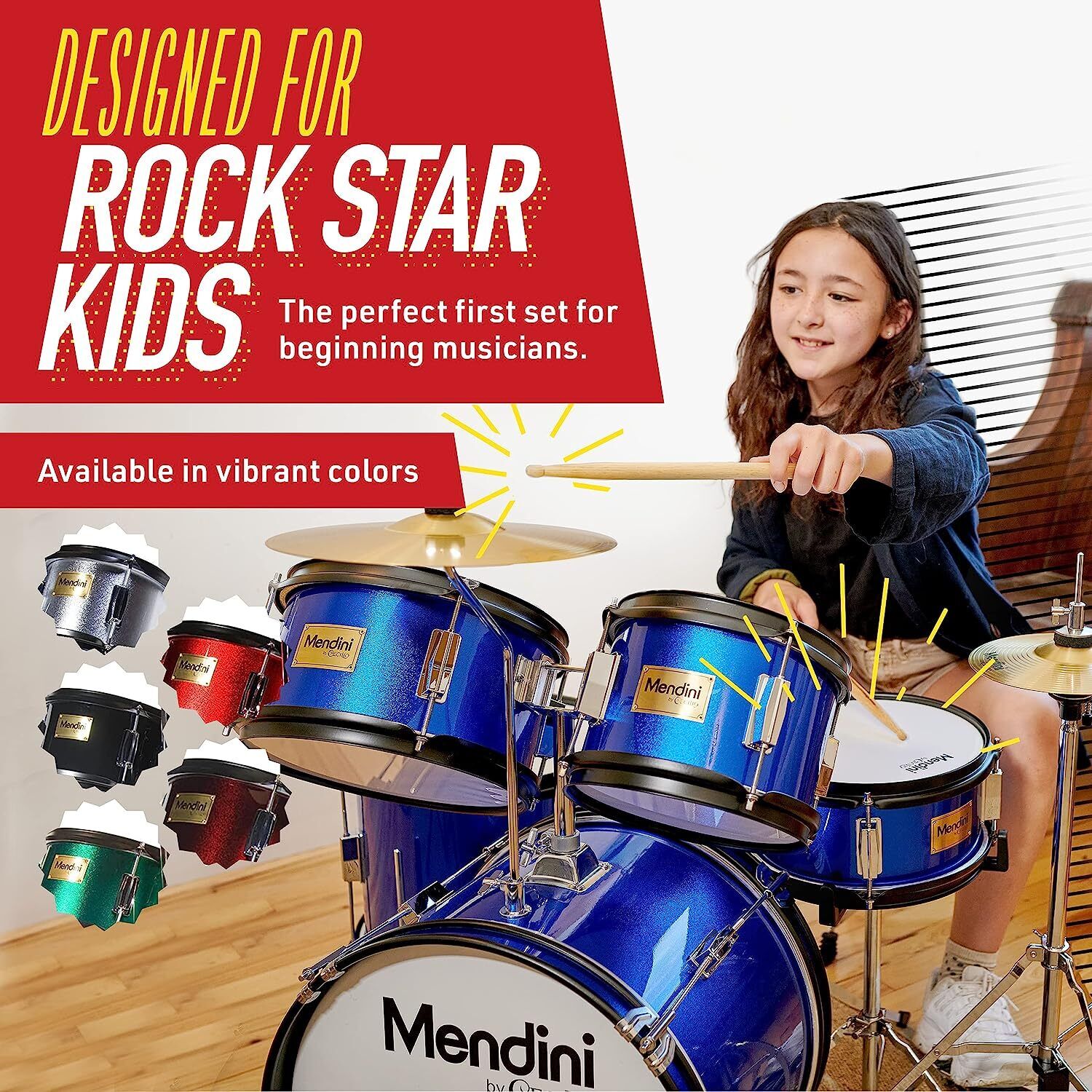 Mendini By Cecilio Kids – Starter Drums Kit w/Bass, Toms, Snare, Red Drum Set 3
