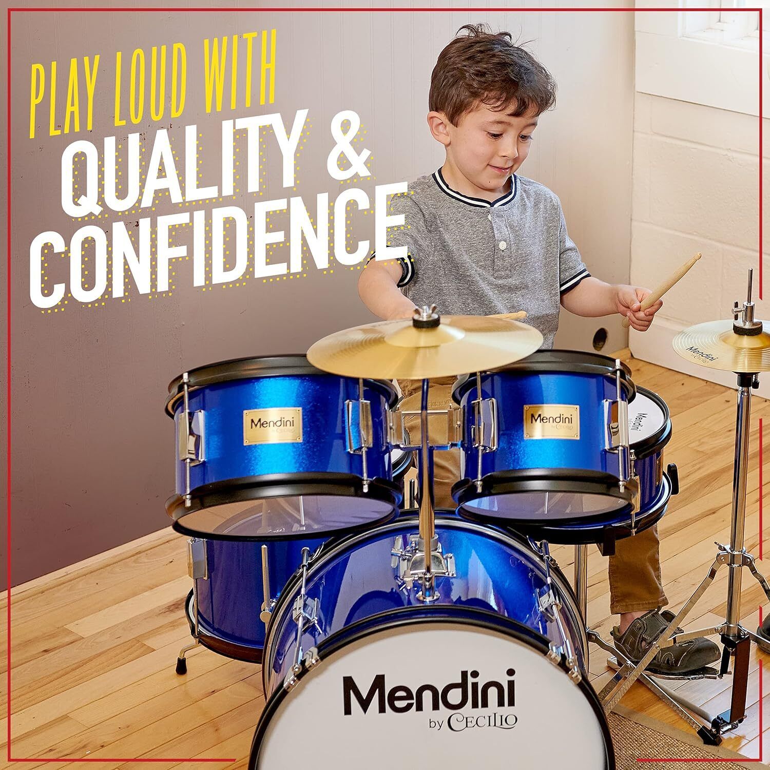 Mendini By Cecilio Kids – Starter Drums Kit w/Bass, Toms, Snare, Red Drum Set 5