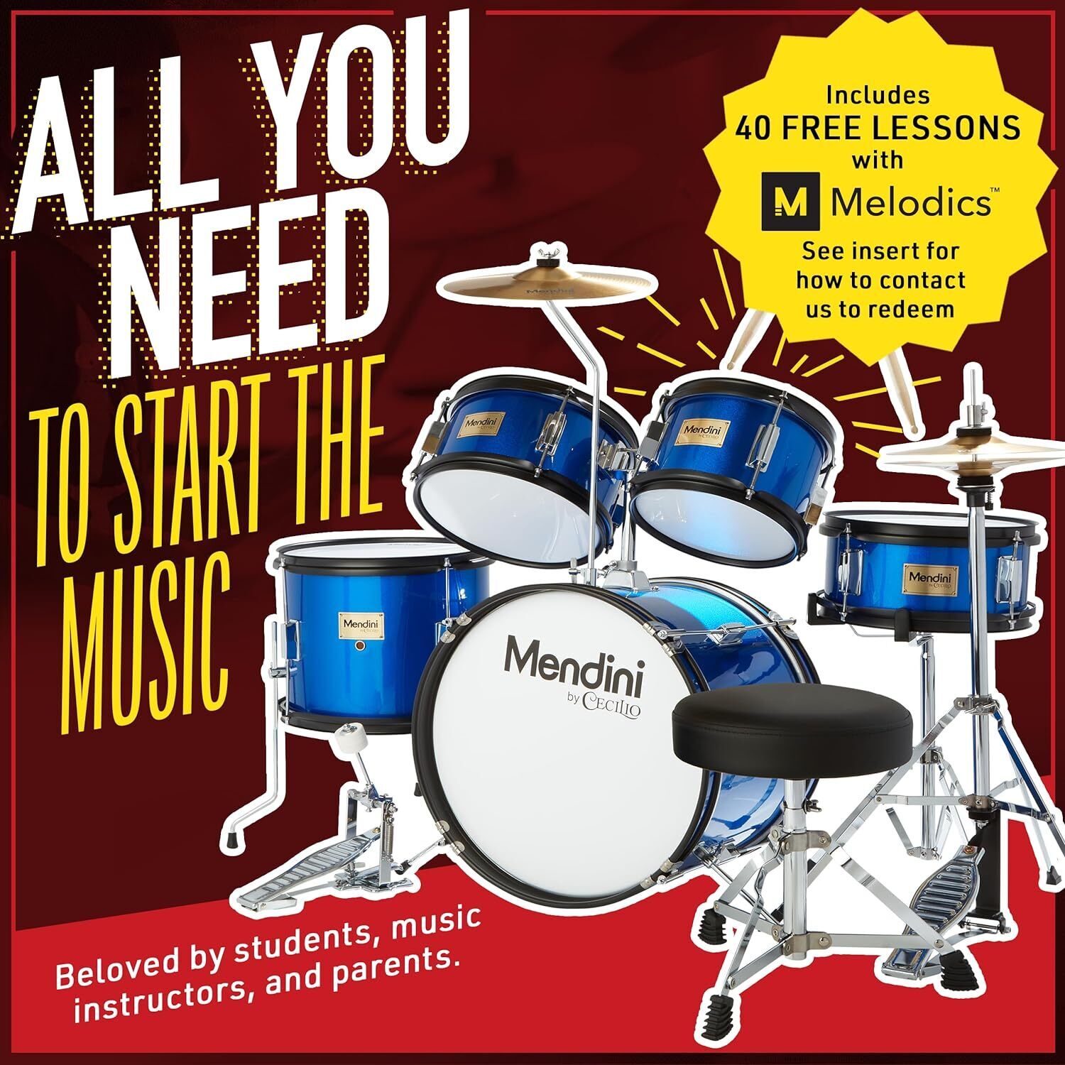 Mendini By Cecilio Kids – Starter Drums Kit w/Bass, Toms, Snare, Red Drum Set 2