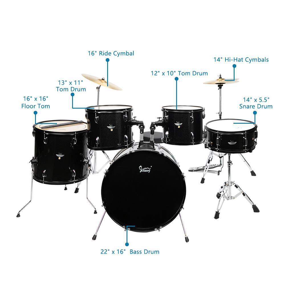 Glarry 5 Pieces Full Size Adult Drum Set Cymbals Kit with Stool & Sticks Black 8