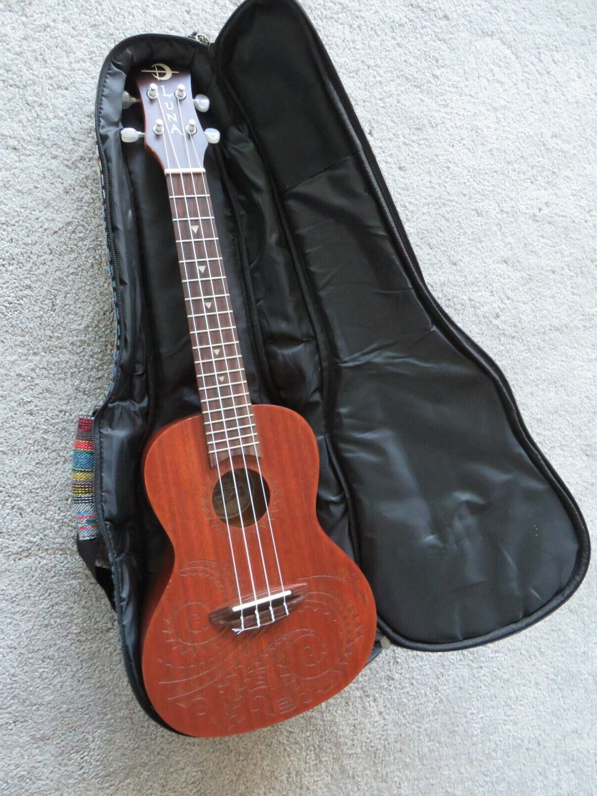 ukulele guitar UKE TC MAH Luna wood brown carved Acoustic Mahogany Bag case 1