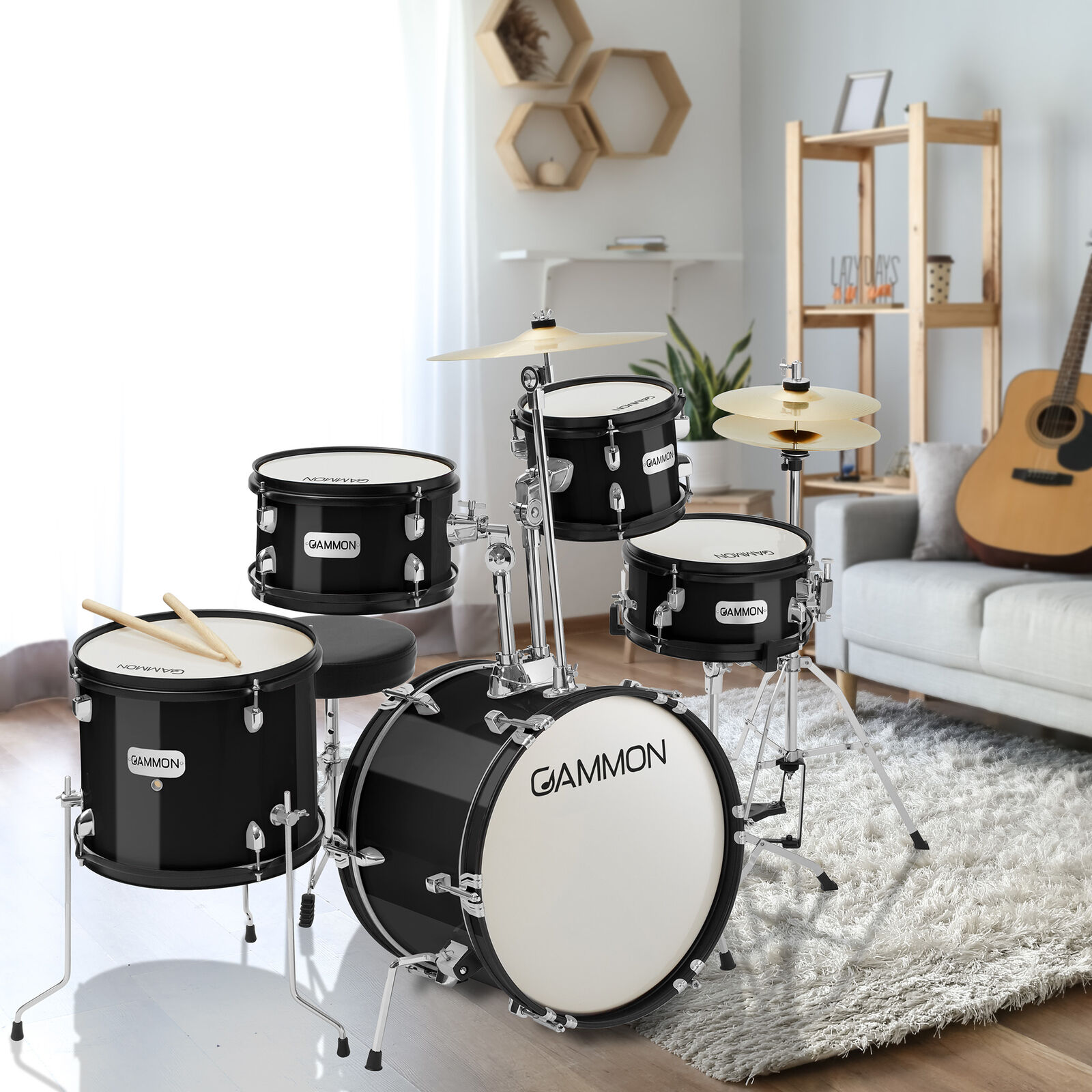 5-Piece Junior Drum Set, Beginner Percussion Kit with Stool and Stands 7