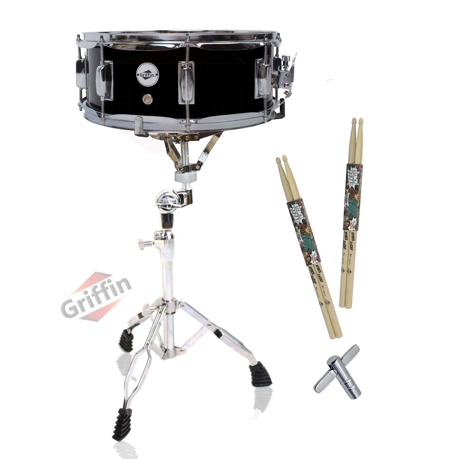 GRIFFIN Snare Drum Kit + Snare Stand, 2 Pairs Maple Wood Drum Sticks & Drum Key 1
