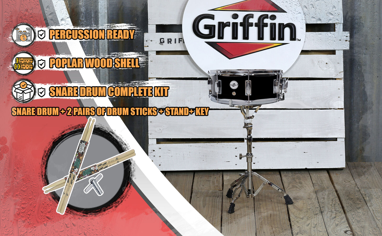 GRIFFIN Snare Drum Kit + Snare Stand, 2 Pairs Maple Wood Drum Sticks & Drum Key 9