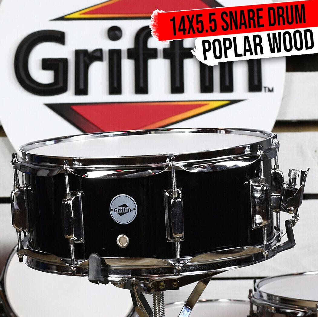 GRIFFIN Snare Drum – Black 14″x5.5 Poplar Wood Shell Acoustic Percussion Kit Set 1