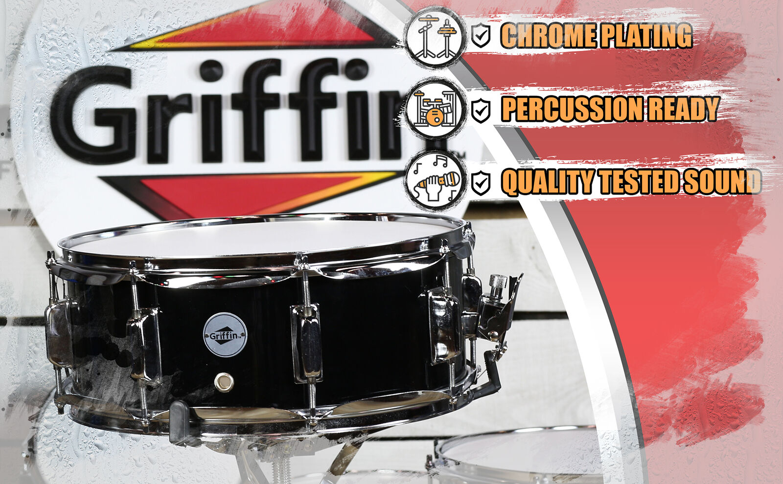 GRIFFIN Snare Drum – Black 14″x5.5 Poplar Wood Shell Acoustic Percussion Kit Set 9