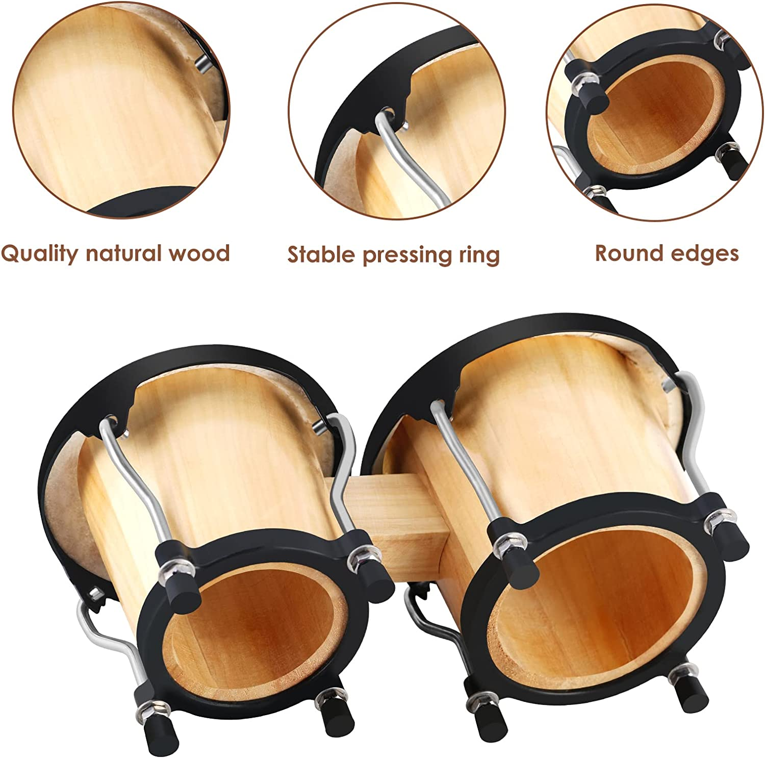 Bongo Drum Set Tunable Wood & Metal Drum Percussion Instruments w/Tuning Wrench 4