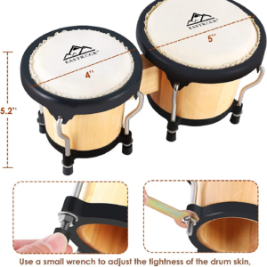 Bongo Drum Set Tunable Wood & Metal Drum Percussion Instruments w/Tuning Wrench - Image 5