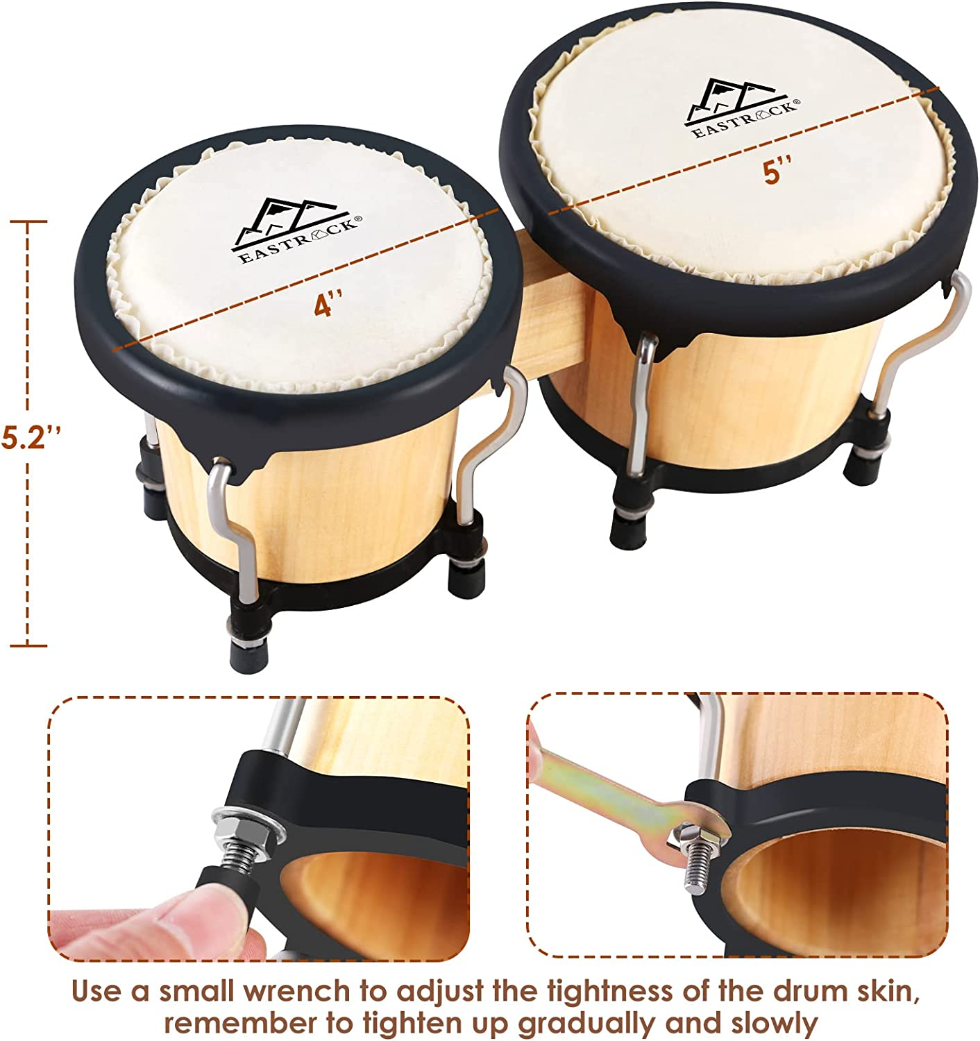 Bongo Drum Set Tunable Wood & Metal Drum Percussion Instruments w/Tuning Wrench 5