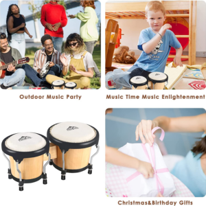 Bongo Drum Set Tunable Wood & Metal Drum Percussion Instruments w/Tuning Wrench - Image 6