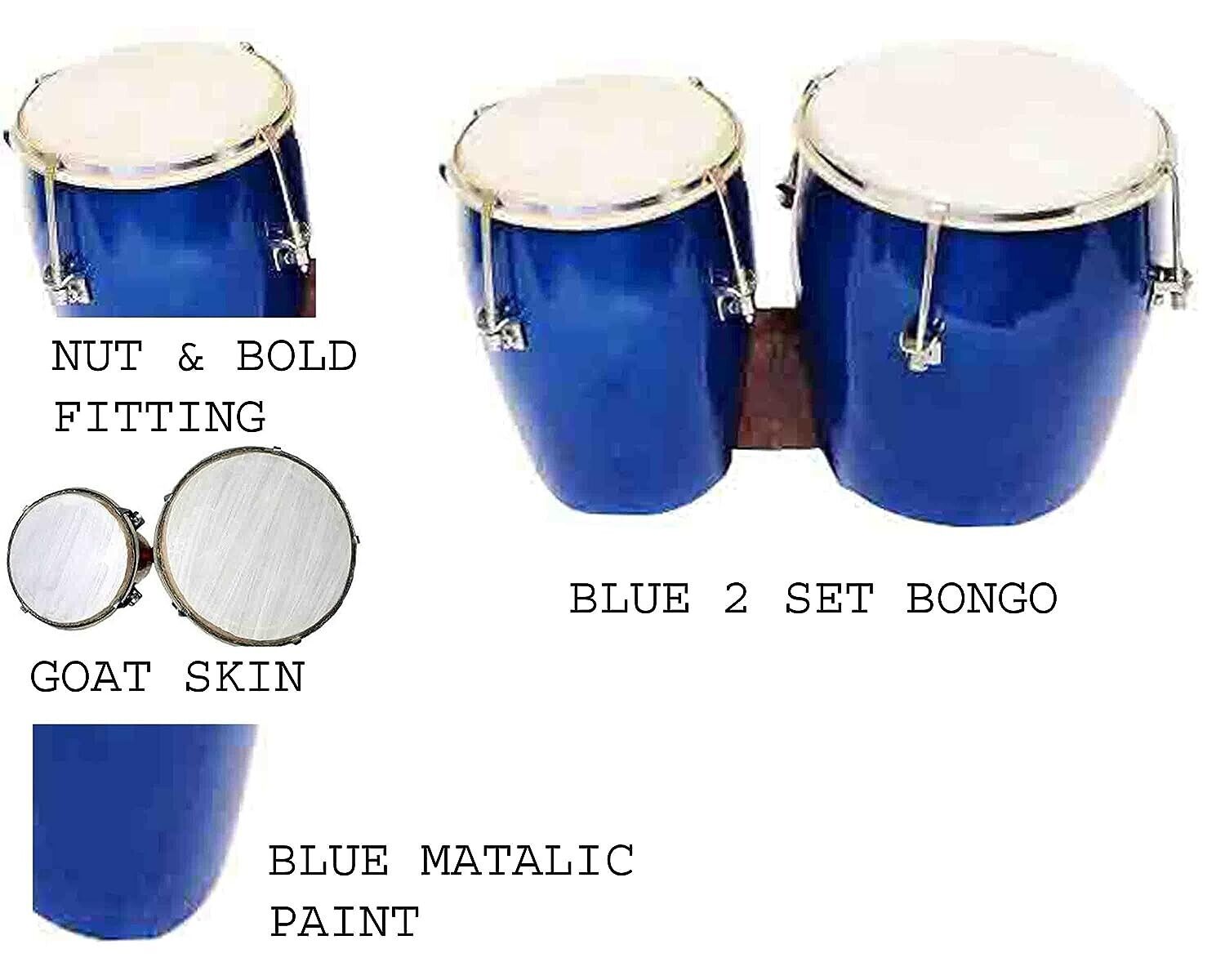 Professional Two Piece Hand Made Wooden Bongo Drum Set (Blue) 2