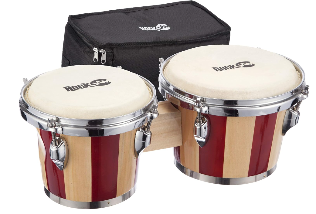 RockJam 7″ and 8″ Bongo Drum Set with Padded Bag and Tuning Key, Red and Natural 1