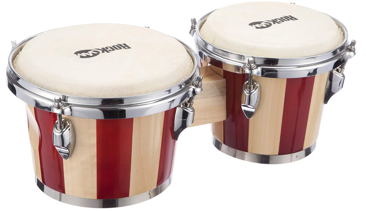 RockJam 7″ and 8″ Bongo Drum Set with Padded Bag and Tuning Key, Red and Natural 2
