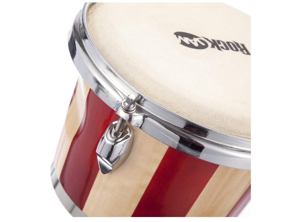 RockJam 7″ and 8″ Bongo Drum Set with Padded Bag and Tuning Key, Red and Natural 6