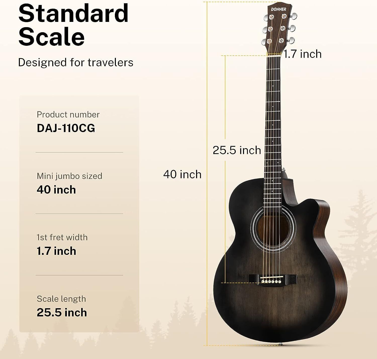 Donner DAJ-110CD 40″ Mini Jumbo Acoustic Guitar Cutaway Bundle Kit | Refurbished 3