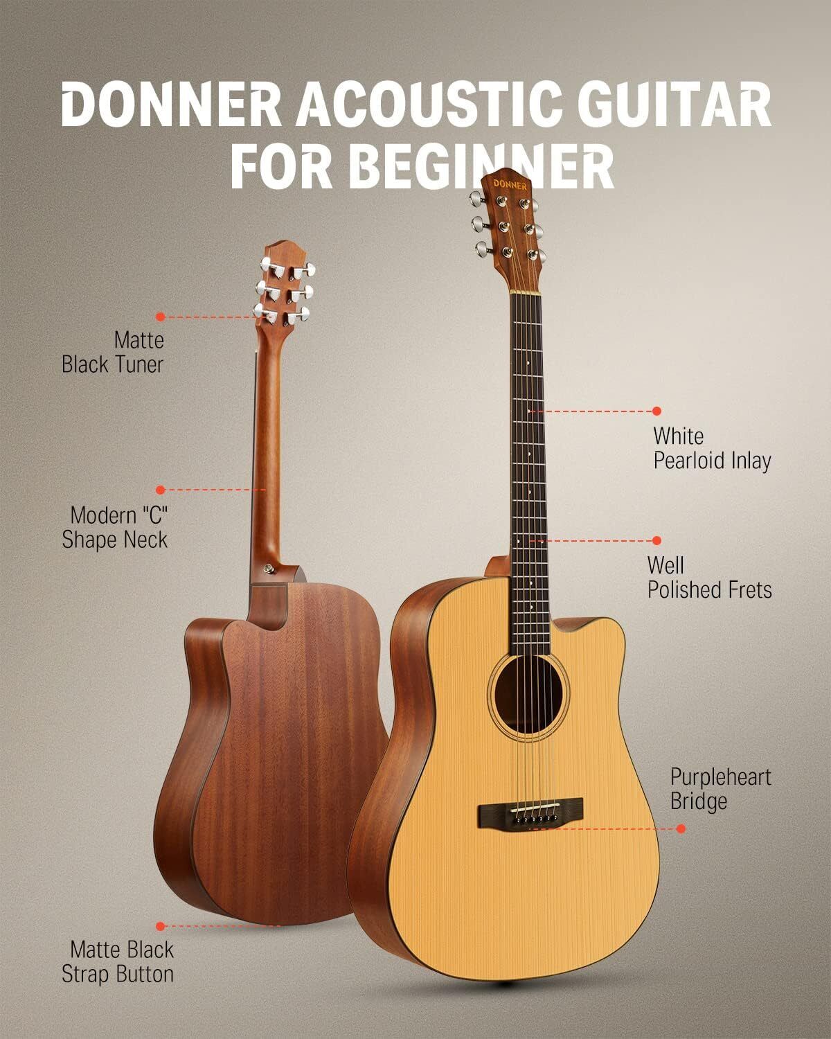 Donner DAG-1 Acoustic Guitar Full Size Mahogany Tone Wood With Gig Bag Strap 4